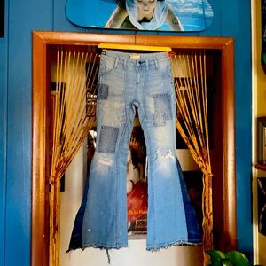 RARE Free People patchwork super flare jeans